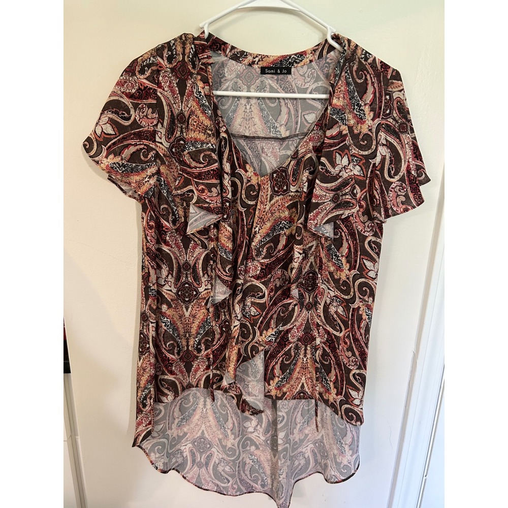 Sami & Jo Womens Paisley Ruffle V-Neck High Low Short Sleeve Blouse Brown Red
